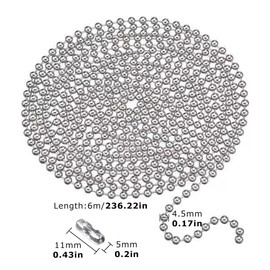 YUNHOLO 6 Meter/19.69ft Roller Blind Chain, 4.5mm Stainless Steel Blind Beads Chain, Silver Replacement Ball Chain with 12Pcs Blinds Cord Connector for Roller Blinds and Vertical Blinds Repair Parts