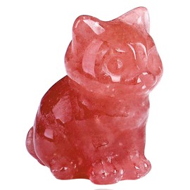 QINJIEJIE Strawberry Quartz Crystal Cat Figurines - Carved Stone Healing Crystal Gifts - Gemstone Cat Statue for Home & Office Decoration