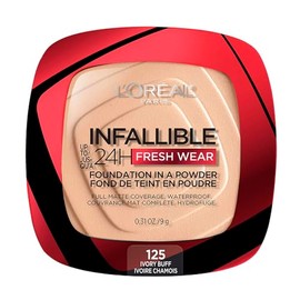 L'Oréal Paris Infallible 24h Freshwear Base de Maquillaje en Polvo de Larga Duración y Alta Cobertura, Tono 125 Ivory Buff, 9g