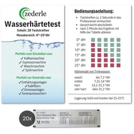 zederle Pack of 20 Water Hardness Test Strips Test Kit Individually Packed, German Hardness Range in dH°, Water Hardness Test, Limescale Test, Total Hardness Test - Measuring in Drinking Water, Pool, Pond, Aquarium