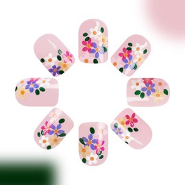 Flower Press on Nails Short Square Fake Nails Pink False Nails Press ons with Designs Floral Glossy Full Cover Cute Acrylic Glue on Nails Artificial Spring Stick on Nails for Women Manicure 24Pcs