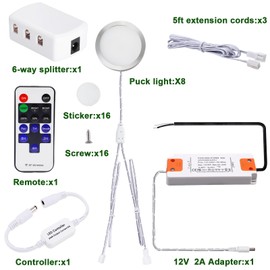 AIBOO Linkable Under Cabinet LED Lighting 12V Dimmable Puck Lights Hardwired with Wireless RF Remote Control for Kitchen Mood Lighting(8 Lights, Warm White, NO Wall Plug)