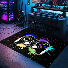 Gamer Area Rugs for Bedroom Boys Cartoon Painting Gamepad Home Carpet for Teens Cool Game Room Decor Black Carpet for Dining Living Room Playroom Floor Mats, 4'5"x6'