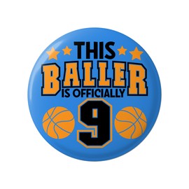 9th Birthday Pin - This Baller Is Officially 9 Button Badge,Blue and Orange Basketball Birthday Party Accessory for Boys, 2.25 Inch