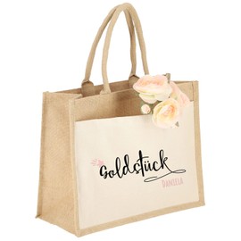 AMBERGER DESIGN by A&M Osterhage amd Jute Tasche Groß Motiv: Goldstück | Name personalisiert Damen-Tasche Jute-Beutel groß Nachhaltig | Einkaufstasche hochwertig Größe 42x33x19cm