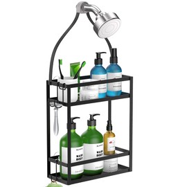Meangood Shower Caddy, 10.4" x 4.5" x 22.04" Hanging Shower Caddy Organizer Over Shower Head Big Capacity for Shampoo, Conditioner with Hooks for Razor/Sponge, Matte Black