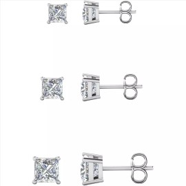 Savlano 3 Pair 14K White Gold Plated CZ Princess Cut Stud Earrings 4mm 6mm & 8mm