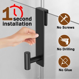 VINHOLD Shower Door Hooks, Heavy Duty Rack Hooks for Robe, Stainless Steel Towel Hooks for Bathroom, Fits Frameless Glass Shower Doors up to 3/8" (10mm) Thick (Black, 2 Pack)