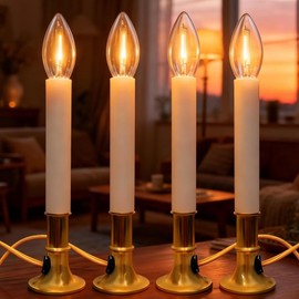 Paquete de 4 velas eléctricas de Navidad con bombillas C26 de 0,6 W con enchufe de luz transparente, luces de 9 pulgadas con base chapada en oro, juego de velas eléctricas para cocina, ventana, mesa