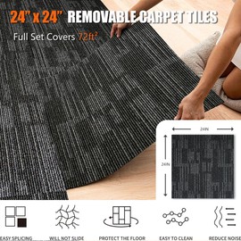 24" x 24" Office Carpet Tiles, 18 PCS (72 Sq.Ft) Commercial Carpet Squares for Workspace & Business Use, Gray Polypropylene, Non-Slip Backing, Reusable, Easy DIY Installation, 0.24" Loop Pile