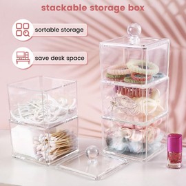 BLVRYVIO - Organizador de accesorios para el cabello, paquete de 2 unidades, plástico transparente, apilable, con 3 cajones, con 1 tapa