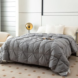 Pinch Pleat Down Feather Comforter, All Season Medium Warmth Ultra-Soft 750 Fill-Power,Grey Bedding Down Feathers Duvet Inserts with 8 Tabs, Cal King (108x94inch)