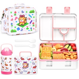 rockpapa 5 Compartment Bento Lunch Box for Kids with Uensils & Insulated Water Bottle & Lunch Bag with Strap, BPA-Free Lunch box Containers Set for School Boys Girls Ages 3+ (White Pets Dog)