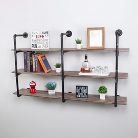 MBQQ Industrial Pipe Shelving Wall Mounted,63in Rustic Metal Floating Shelves,Steampunk Real Wood Book Shelves,Wall Shelf Unit Bookshelf Hanging Wall Shelves,Farmhouse Kitchen Bar Shelving(3 Tier)