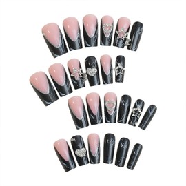 Press on Nails Medium Long Fake Nails Black French Tip Nails Press ons Square Bling Glossy 3D Heart Star Charms Glitter False Nail Tips Artificial Glue on Nails for Women and Girls 24 Pcs