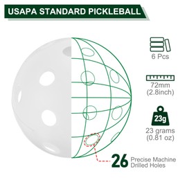 PATIKIL Outdoor Pickleball Balls 26 Holes Pickleball 6 Pack Pickleball Balls for Amateurs Indoor and Outdoor Sport, White