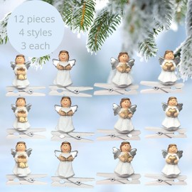 BANBERRY DESIGNS Angel Christmas Tree Ornaments - Set of 12 White Angels with Silver Wings Holding Hearts Vestments Stars Hymnals - 1 3/8"
