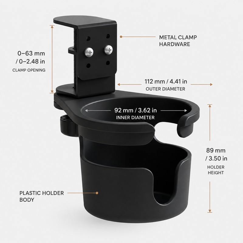 360° Rotating Clamp-On Desk Cup Holder with Adjustable Table Mount