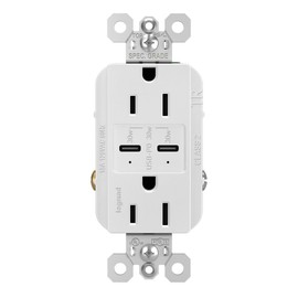 Legrand Radiant R26USBPDW 15 Amp Tamper-Resistant Decorator Duplex Receptacle Outlet with Ultra Fast USB C/C 6.0A Charging Ports Plus 30W Power Delivery, White with Screwless Wall Plate