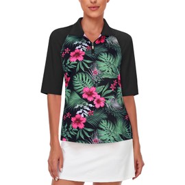 Womens Golf Attire,Cucuchy Ladies Golf Tennnis T-Shirts Elbow Sleeve 1/4 Zip Up Workout Tops Fast Dry Lightweight Moisture Wicking Polo Clothing Floral Red XL