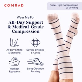 Comrad Nylon Knee High Socks - 20-30mmHg Firm Compression Socks, (Extra Large, Rose/Navy Stripe) - Soft & Breathable Support Socks for Men, Pregnant Women, Nurses, Workout, Home, Work & Travel
