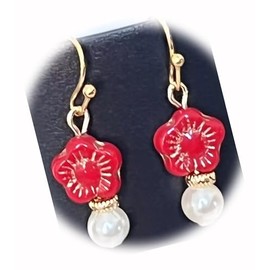 The New Red and Gold Tone Flower and Pearl Dangle Earrings Ideal for Creating Unique Accessories and Decorations KATE1O00876