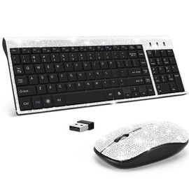 Dazzling Luxury Keyboard and Mouse Wireless, Sparkly Bling Rhinestone Wireless Mouse and Keyboard Gift Set (Silver)
