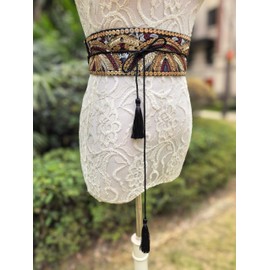 FANFAN Black Embroidered Belt Women Vintage Mexican Embroidered Belt 1920s Gold Sequin Belt Brown Embroidered Belt Women E7, Vintage Style, One Size