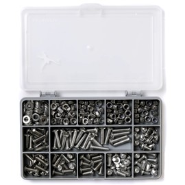 Set of 300 M5 Allen Socket Button Head Machine Screws, Nuts, Washers with Allen Key -ISO 7380- A2-70 (304 Grade) Stainless Steel; Sturdy Recycled Compartment Box