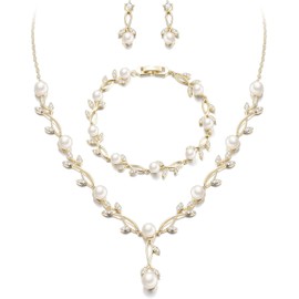 EVER FAITH Boda Juego de Joyería Para Mujer, Cristal Zirconia Cúbica Hojas Dobles de gotas de agua Collar Arete Set para Novia Regalo para cumpleaños/Día de la Madre/Navidad