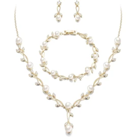 EVER FAITH Boda Juego de Joyería Para Mujer, Cristal Zirconia Cúbica Hojas Dobles de gotas de agua Collar Arete Set para Novia Regalo para cumpleaños/Día de la Madre/Navidad