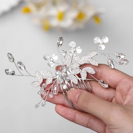 Heread Peine para el pelo de novia con diseño de hojas plateadas, accesorios para el pelo de cristal para mujeres y niñas