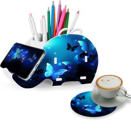 FGDRFGRW Elephant Pencil Holder with Phone Stand and Coaster,MultiFunction Removable Organizers with Phone Stand Office Accessories Desk Decoration for Home Office - Purple Butterfly