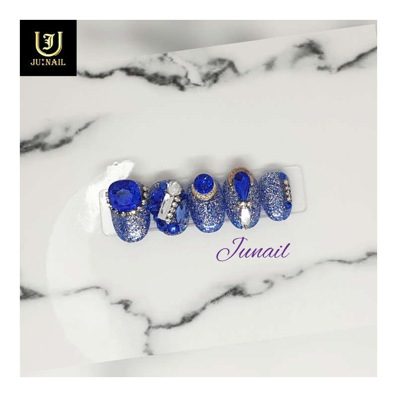 Blue Diamond Handmade Nail Tips - Short Straight Coffin /