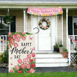 Wodison Happy Mother's Day Garden Flag 12x18 Inch Double Sided for Outside, Pink Tulip Flower Small Burlap Yard Flag Home Outdoor Decoration