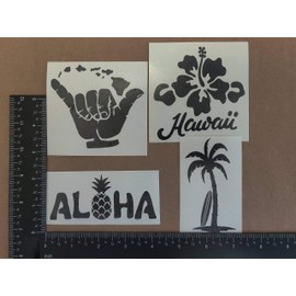 Hawaii Decal 4 Pack: Hang Loose Islands, Hawaii Hibiscus, Aloha Pineapple, Palm Tree Surf Board (Black, Small ~3.5")