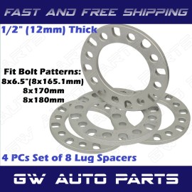 BWA 4 Wheel Spacers 1/2" 12mm Thick Fit All 8 Lugs With 8x6.5" (8x165.1) 8x170 8x180