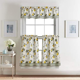 CHF - Juego de cortinas de cocina de limón y cenefa, 3 piezas, cortina pequeña para ventana rústica, estilo rústico, granja, filtro de luz clásico, par de niveles, 28 de ancho x 36 de largo, cenefa, 56 de ancho x 14 de largo, multicolor amarillo
