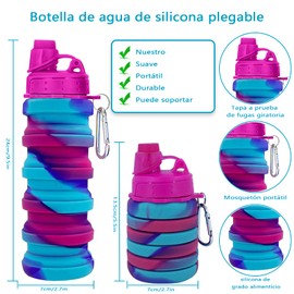 Botella de agua plegable de silicona, con mosquetón, botella de agua deportiva reutilizable, adecuada para fitness, camping, ciclismo, escalada en roca