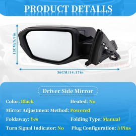 Black Left Driver Side Mirror Replacement For Honda Civic LX SE Sport 2016-2021 -Power Mirror Manual Folding Non-Heat Matchl Black Left Side Door Mirror#76258-TBA-A02ZA HO1320283(3Pins)