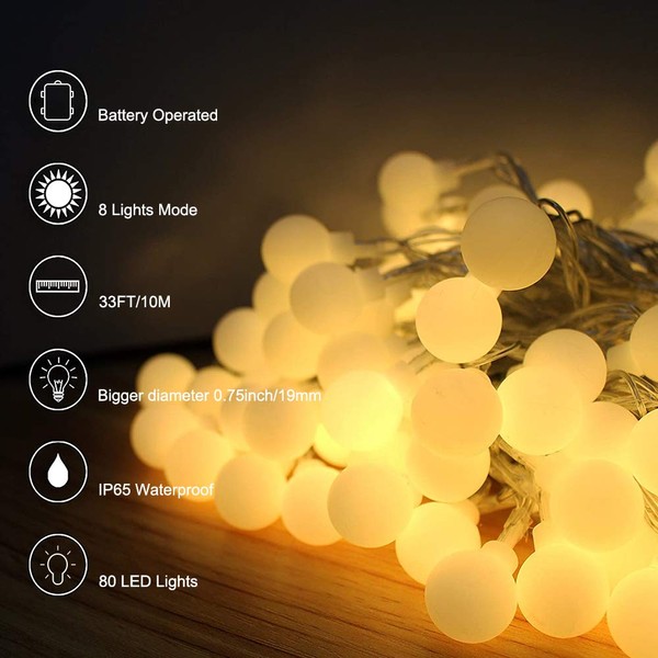 YoTelim Globe String Lights Battery Operated Warm White ，Water Proof 1