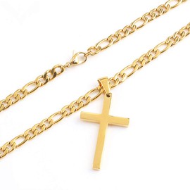 FZTN Jewelry 4mm Mens Womens Flat Figaro Chain Gold Cross Necklace 18K Gold Plated Diamond Cut Stainless Steel Chain Necklace 20Inch