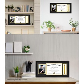Diploma Frame with Tassel Holder, Fits 8.5x11 Inch Graduation Certificates and 5x7 Inch Photo, 11X22 Inch Black Degree Picture Frame With Gold and Black Mat