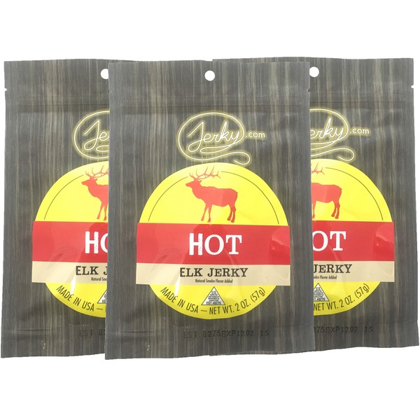 Jerky.com's Hot Elk Jerky - 3 PACK - The Best Wild Game Elk Jerky on the Market - 100% Whole Muscle Elk - No Added Preservatives, No Added Nitrates and No Added MSG - 5.25 total oz.