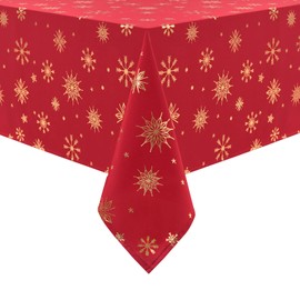 Yrendenge Christmas Tablecloth Red Gold Tablecloth Snowflake Star Square Tablecloths Washable Tablecloth Waterproof Winter Holiday Party Christmas Decoration Table Linen, 140 x 140 cm