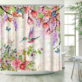 Floral Hummingbird Shower Curtain Colorful Flower Bird Butterfly Green Leaves Spring Garden Watercolor Wildflower Bathroom Decor Polyester Fabric Curtains with Hook 70Wx70H Inches