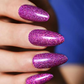 Purple Glitter Press on Nails Medium Almond Shape Acrylic Fake Nails with Salon UV Finish Sparkling Gel Nails Press ons Glossy Flash Mirror Face Glue on Nails Medium False Nails with Designs for 24Pcs