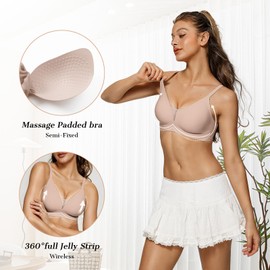 OEAK Comfort Bras for Women Wireless Non Wired Push Up Bralettes Soft V Neck lace Bra Scalloped Full Coverage Seamless Bra,Beige,M