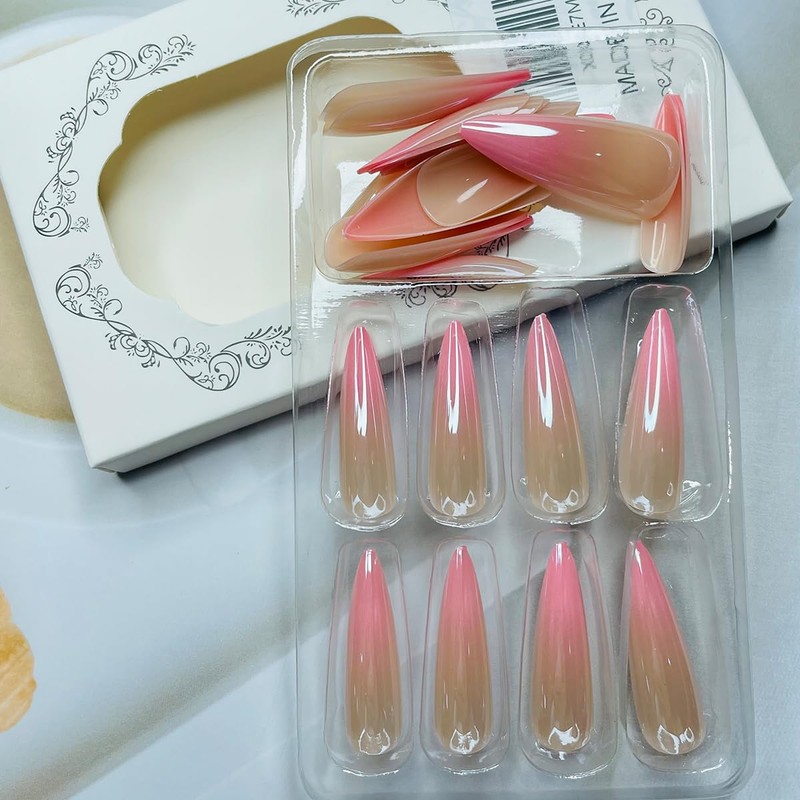 Chrome Pink Press on Stiletto Gradient Glossy Acrylic Aurora Full