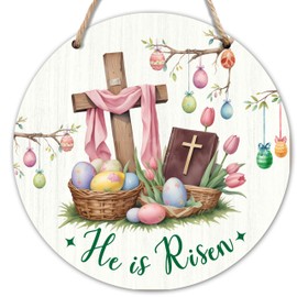 He Is Risen Wooden Hanging Sign, Christian Easter Sign Front Door Decor, Happy Easter Decorations Wall Sign For For Front Door, Easter Eggs Decor For Home Office Porch Garden Yard,02